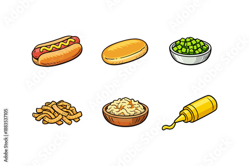Colorful set of fast food items including hot dog, bun, and condiments