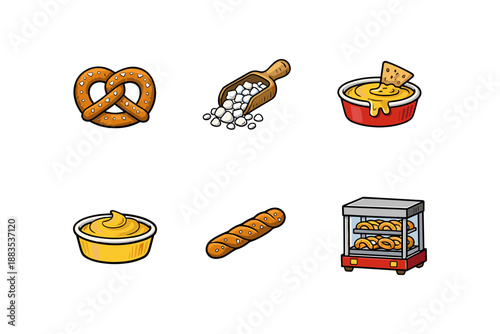 Delicious snack icons featuring pretzels and cheese in colorful cartoon style
