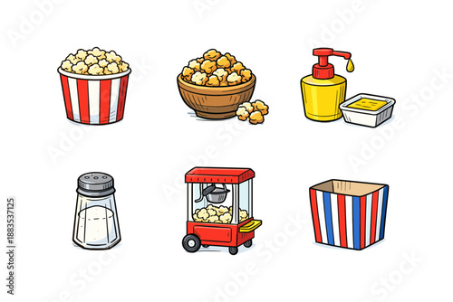Cinema snack icons: popcorn, dispenser, salt shaker, cart, empty box