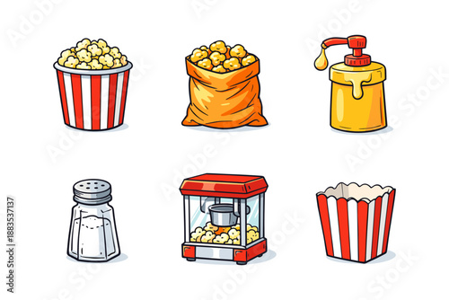 Colorful snack icons collection: popcorn, butter, and salt in fun cartoon style