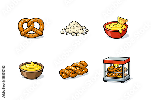 Pretzels and cheese doodles: snack icons with dips and display