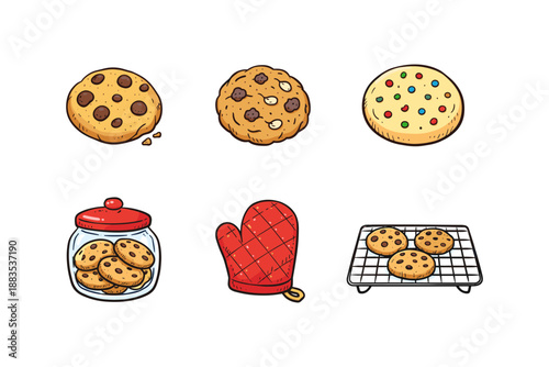 Colorful cookie set: cartoon style cookies, jar, oven mitt, tray