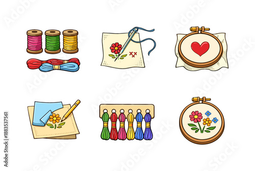 Colorful embroidery elements with thread spools, needles, and hoops in a fun cartoon style
