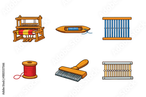 Colorful set of handloom and weaving tools in cartoon style