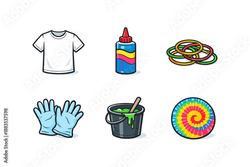 Tie dye crafting set with t-shirt, dye, gloves, and rubber bands in cartoon style