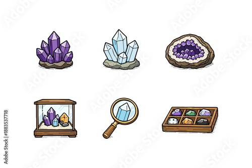 Colorful crystal collection with magnifier and display cases