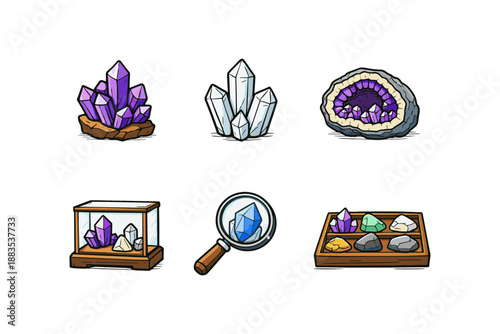 Gemstone collection with quartz, amethyst, and geode in vintage style