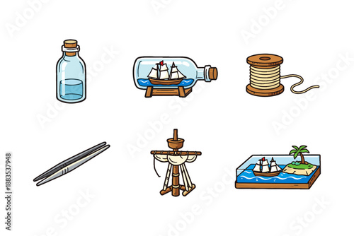 Nautical craft elements with ship in bottle and maritime accessories