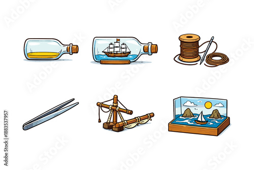 Nautical craft elements and miniatures in glass bottles with tools