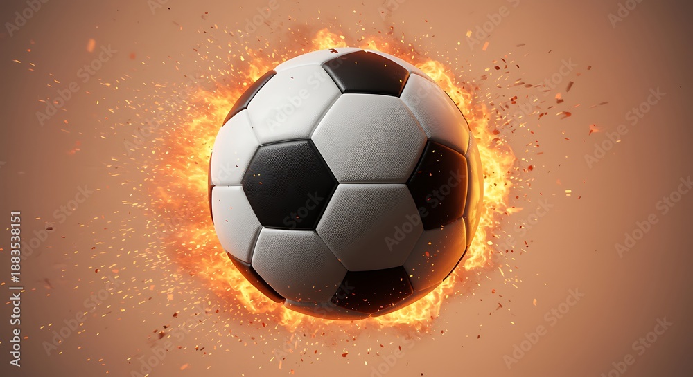 Fototapeta premium Soccer ball surrounded by flames and sparks on a brown background