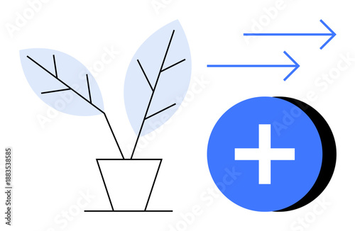 Growth concept. Growth with minimalist tree and forward movement with arrows. Growth d with positive addition sign. For progress, innovation, business ideas, and sustainability