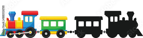 a colorful toy train illustration with several connected train cars on white background