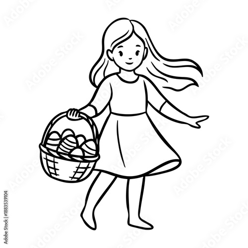 Dibujo sencillo de una niña de pie sosteniendo en la mano una cesta llena de huevos de pascua