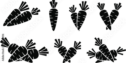 a collection of simple black and white carrot illustrations in a row