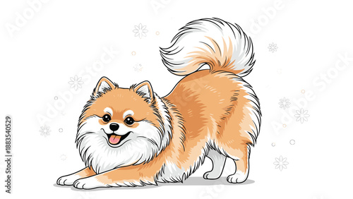 Fluffy orange pomeranian dog in a playful stretching pose surrounded by delicate snowflake patterns on a clean white background.