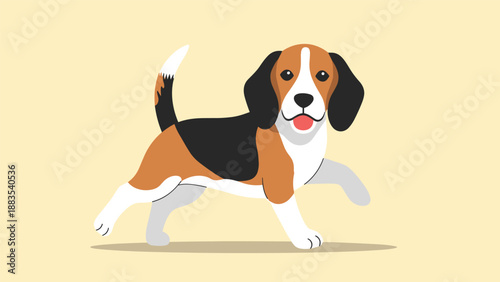 Beagle dog with characteristic tri-color coat walks briskly on a light yellow background in a clean and simple cartoon style illustration.