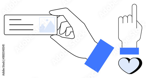 Digital security, personal identification, online authentication, user interaction, data protection, identity verification. Hand holding ID card with icons of a hand and heart. Digital security
