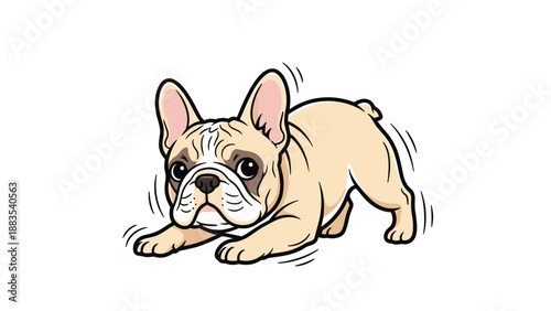 French Bulldog in a playful low pose with its head down and body ready to pounce illustrated in a clean cartoon style on white.