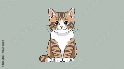 Adorable tabby kitten with brown stripes and white chest sits calmly against a light green background in this cute animal illustration.