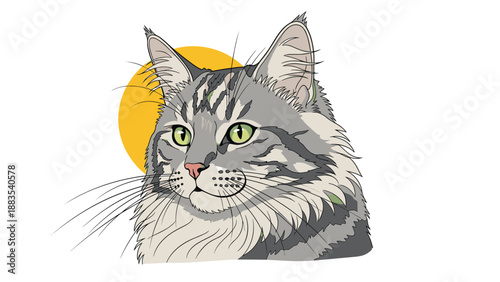 Detailed portrait of a Maine Coon cat with long gray and black fur and green eyes set against a bright yellow circle background.
