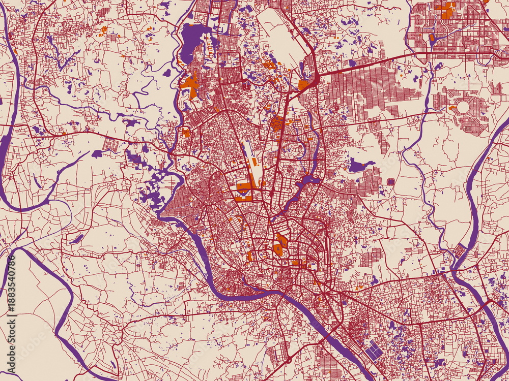 Fototapeta premium Urban map poster of Dhaka, Bangladesh – warm boho color palette