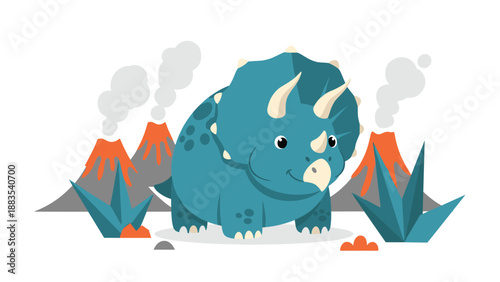 Adorable blue triceratops dinosaur stands in a prehistoric landscape with erupting volcanoes and smoke in the background.