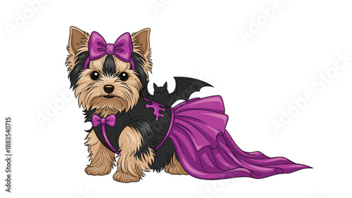 Small yorkshire terrier dog wearing a purple tutu dress and bat wings is ready for a festive halloween celebration event.