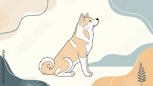 Noble akita dog sitting patiently against a soft abstract background with organic shapes and muted colors in vector style.