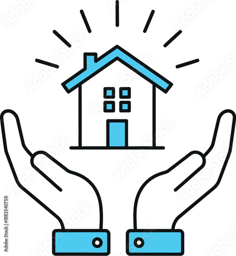 Simple stylized icon depicting two cupped hands gently holding and protecting a glowing blue home symbolizing real estate security and property investment care