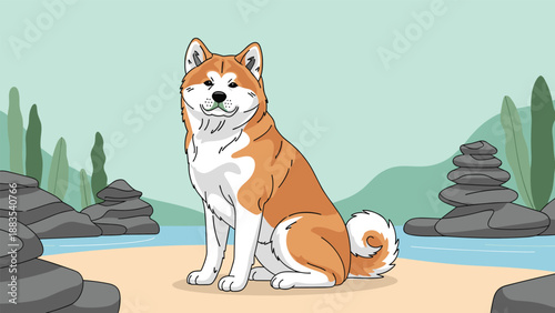 Japanese akita dog sitting peacefully on a sandy beach with stacked zen stones and mountains in the scenic background.