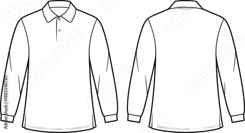 Men long sleeve polo shirt front and back technical cad drawing apparel fashion template clean outline, cad drawing flat vector illustration