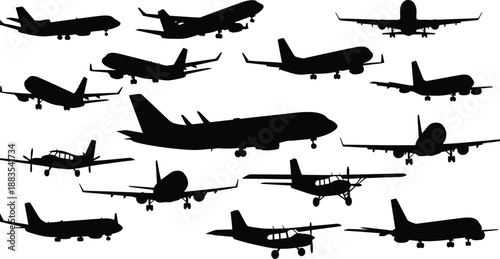a collection of silhouetted airplanes flying across a white background