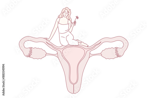 Female reproductive system health concept. Small tine positive pretty woman sitting on huge female healthy uterus feeling confident vector illustration