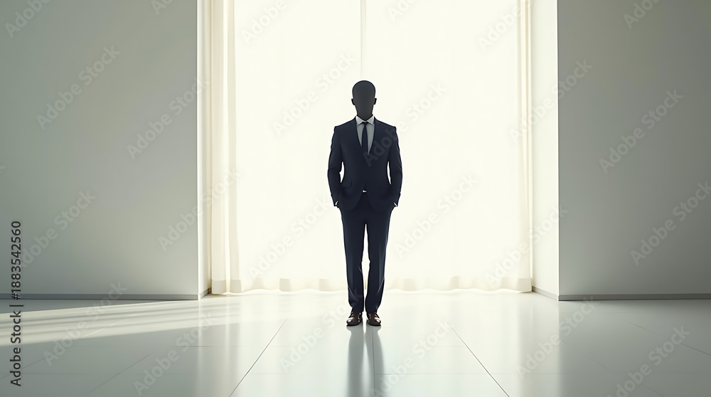 Fototapeta premium Minimalist Business Executive Silhouette Standing in Bright Modern Office Space