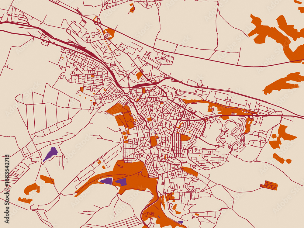 Naklejka premium Urban map poster of BUL, Pleven – terracotta and violet accents
