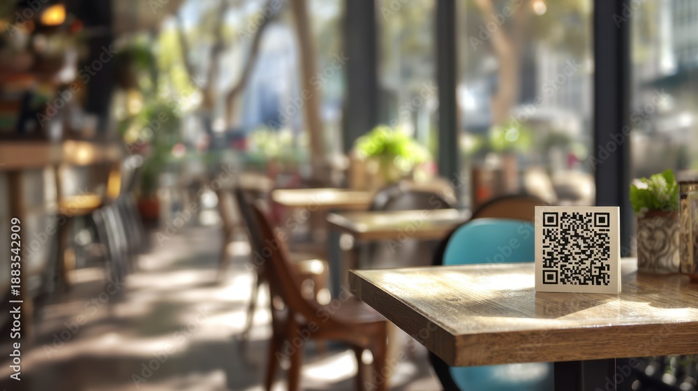 Obraz premium Cozy cafe interior with qr code on table for contactless ordering