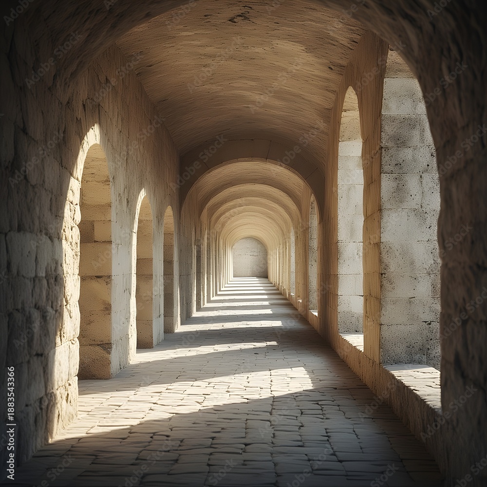 Obraz premium Ancient Arched Corridor with Natural Light, Stone Floor and Walls, Historical Architecture