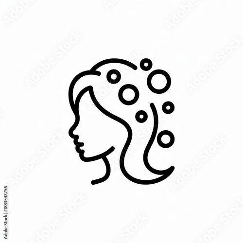 Minimal black line icon of a womans face with flowing hair and floating bubbles representing skincare cleansing beauty treatment wellness self care facial care and personal hygiene on white