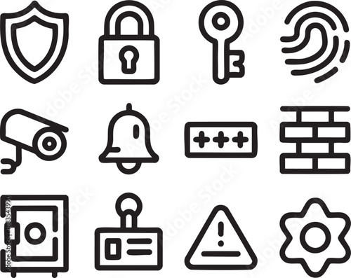Set of black and white representing security and surveillance concepts including a shield, lock, key, fingerprint, camera, bell, brick