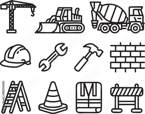 Black and white line of construction equipment and tools including crane, cement mixer, bulldozer, wrench, hammer, bricks, ladder