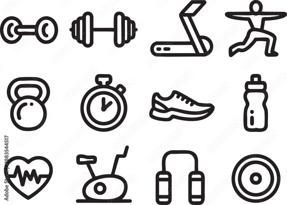 Fototapeta premium Black and white of fitness equipment and activities including barbells, kettlebells, running, and more