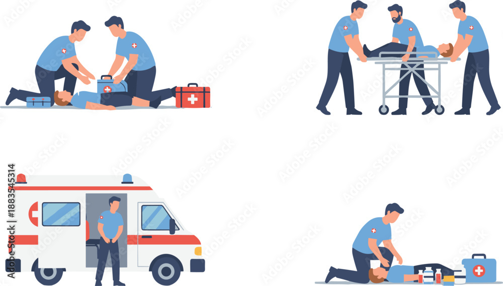 Naklejka premium Emergency Medical Response Illustration Set Featuring CPR, Patient Transport, Ambulance Scene, and First Aid Support