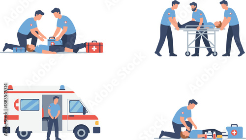 Emergency Medical Response Illustration Set Featuring CPR, Patient Transport, Ambulance Scene, and First Aid Support