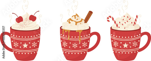 Festive Hot Drink Illustration Set Featuring Holiday Mugs with Whipped Cream, Cherries, Marshmallows, Cinnamon, and Candy Canes