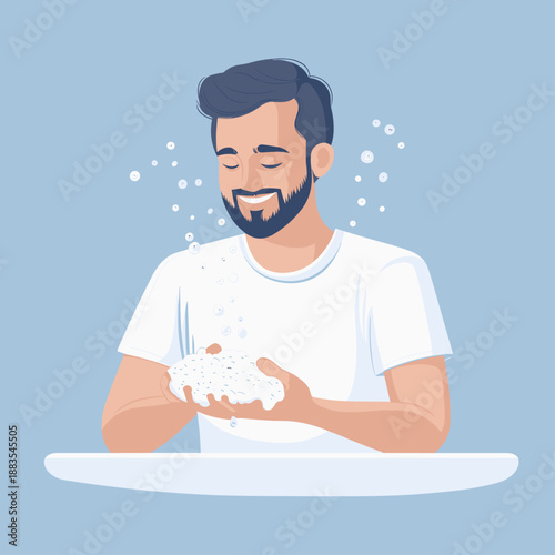 Happy Man Washing Hands with Soap