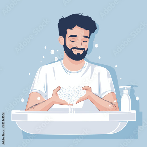Happy Man Washing Hands with Soap
