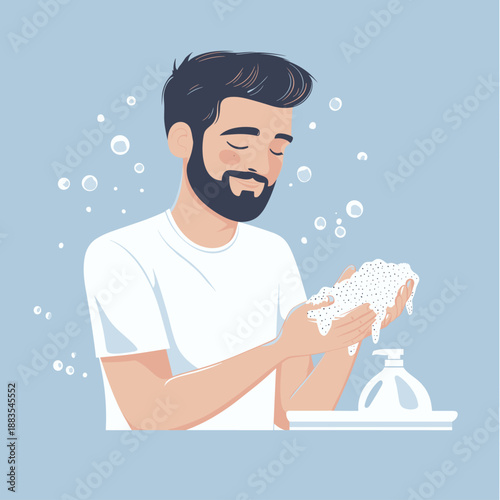 Happy Man Washing Hands with Soap