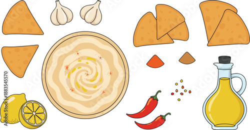Hummus and Ingredients Illustration Set Featuring Dip Bowl, Pita Slices, Garlic, Lemon, Chili Peppers, Spices, and Olive Oil