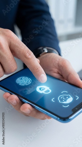 Businessman touching secure lock fingerprint icon digital security vertical concept