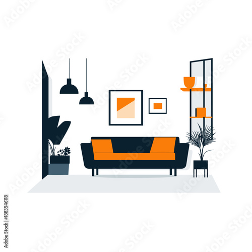 Modern living room with vibrant orange sofa and minimalist decor